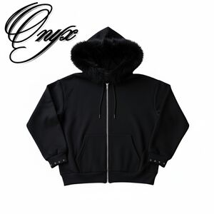 Black w/ Black Fur Pullover Couture Zip Up Hoodie Size (Medium)